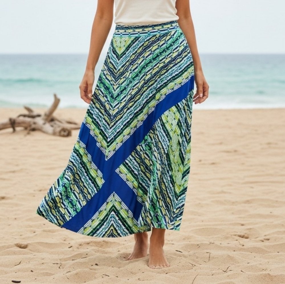 Sunny Leigh Blue and Green Aztec Print  A-Line Skirt